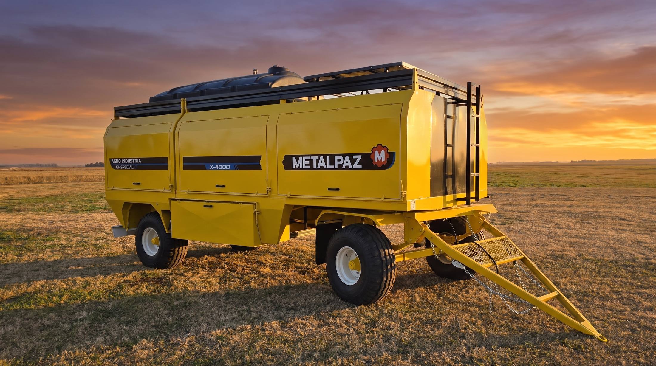 Acoplado tanque Metalpaz amarillo al atardecer en el campo