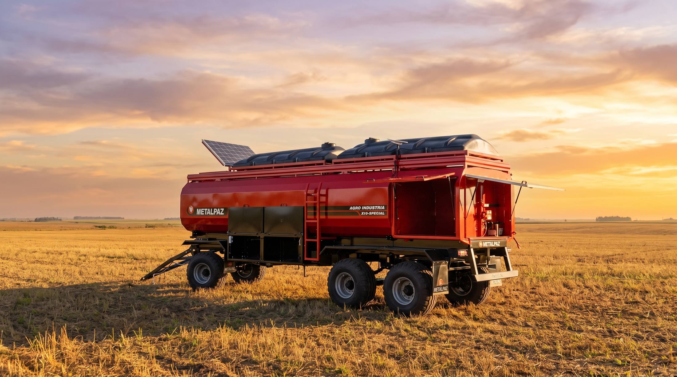 Acoplado tanque combinado Metalpaz rojo con panel solar al atardecer
