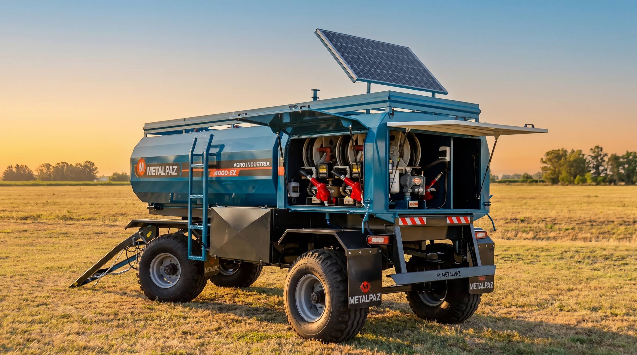 Acoplado tanque Metalpaz azul con la Central Autónoma solar