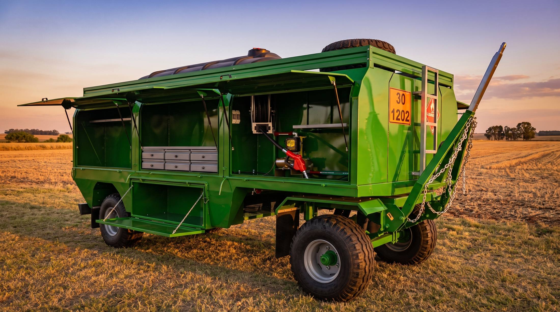 Acoplado tanque combinado Metalpaz verde con bauleras abiertas al atardecer